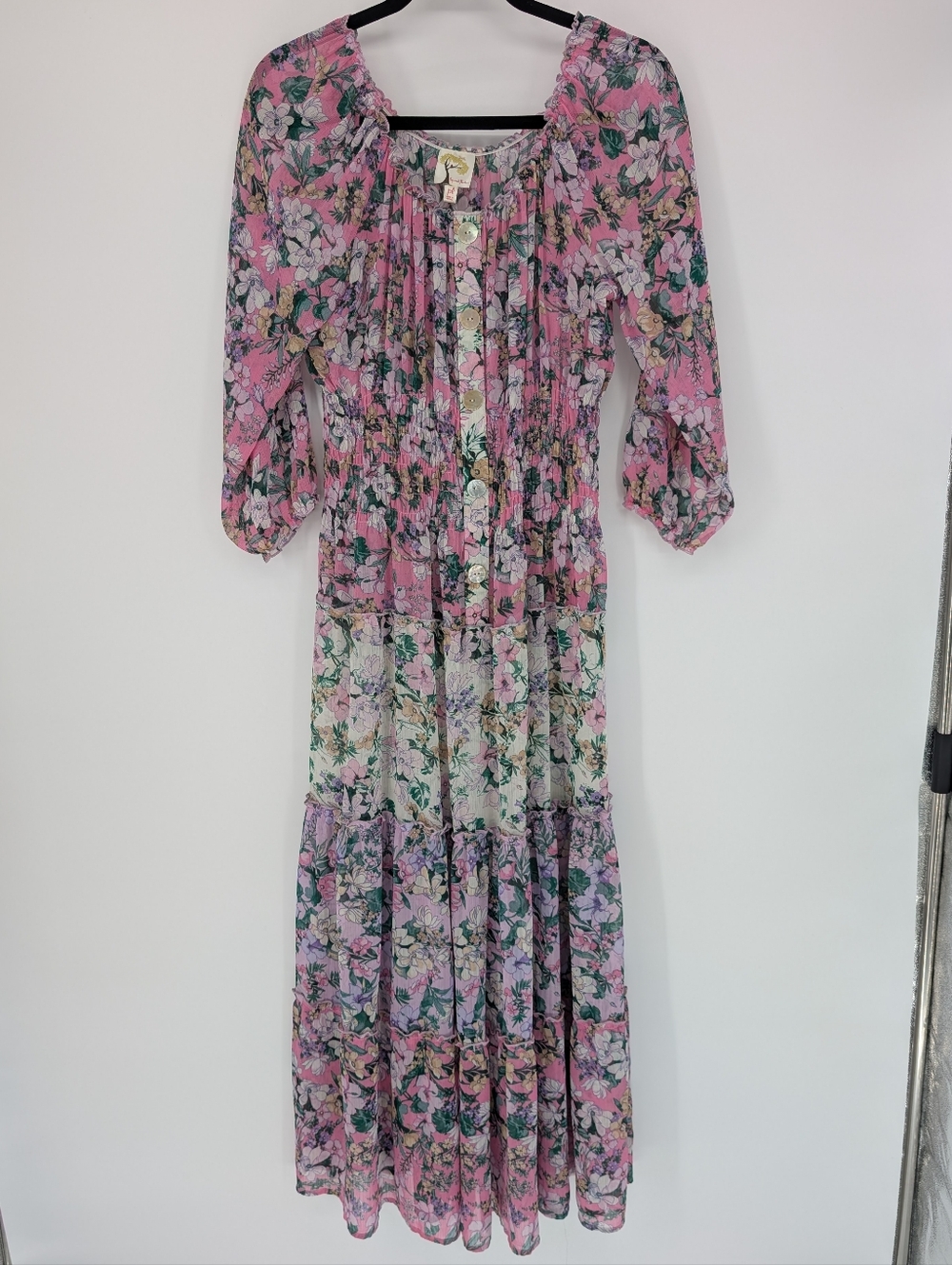 Fig and Flower Anthropologie Tiered Floral Maxi Dress | PL | Pink Boho Sheer